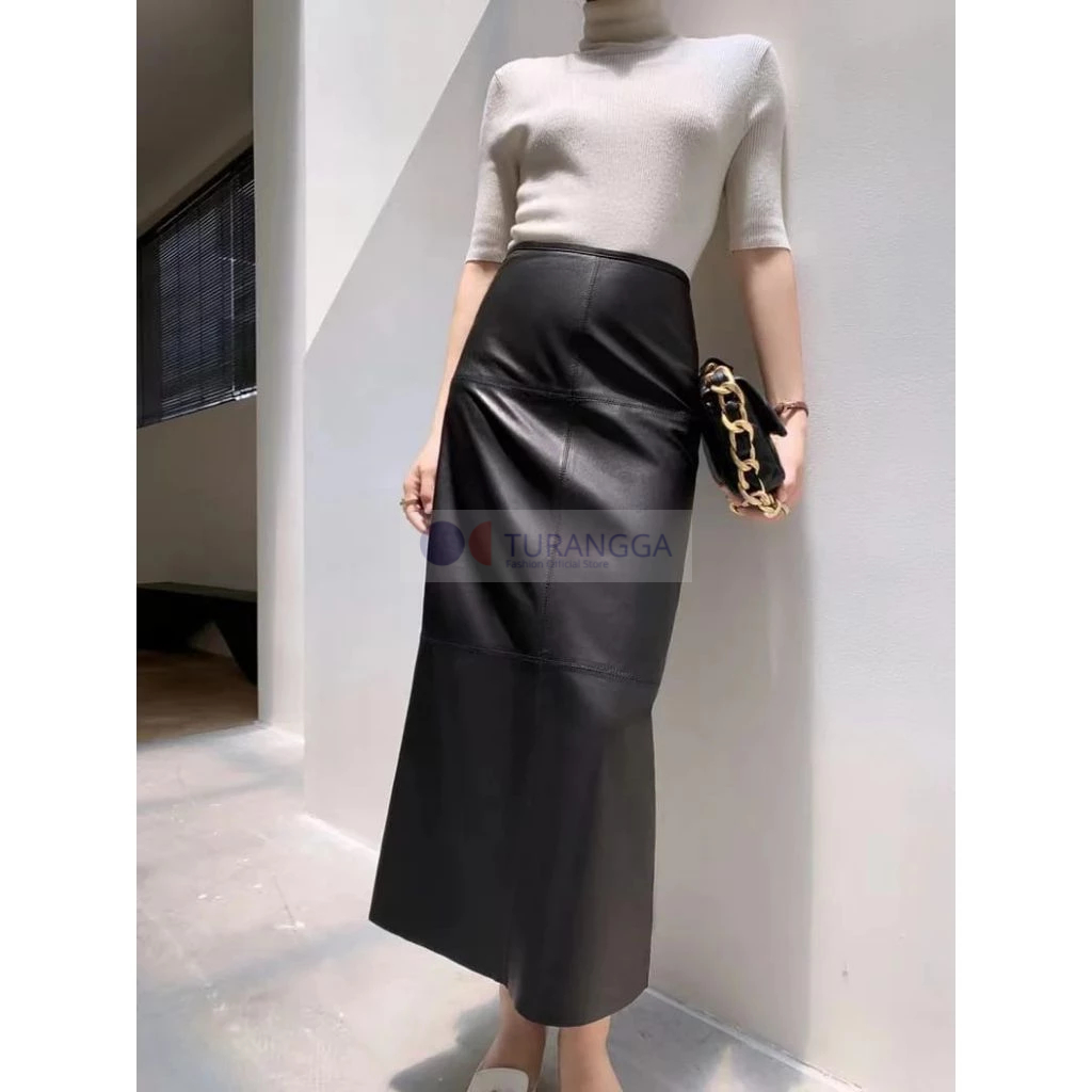 Rok Maxi Kulit Wanita Terbaru 2025 Feminin High Waist Vintage Slit Belah Belakang Ramping Panjang
