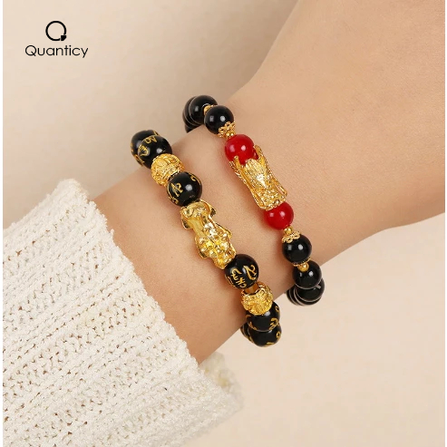 Gelang Pixiu Titanium Pria Wanita Obsidian Retro Emas Hitam Naga Manik Budha Netral Gelang Kean Fash
