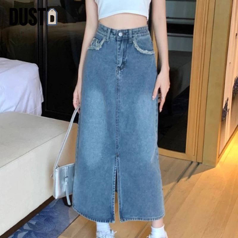 DUST-Rok denim wanita korea rok long skirt pembahagian depan