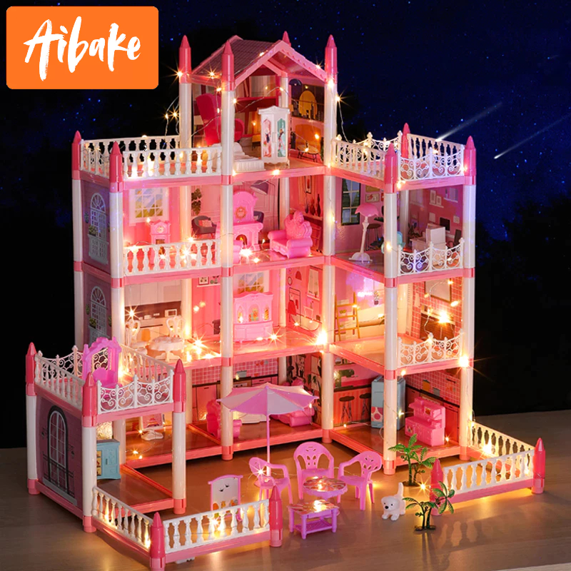 Mainan Rumah Princess Rumah Boneka Anak Perempuan Mainan Kastil Villa Dengan Lampu + Boneka + Set Bo