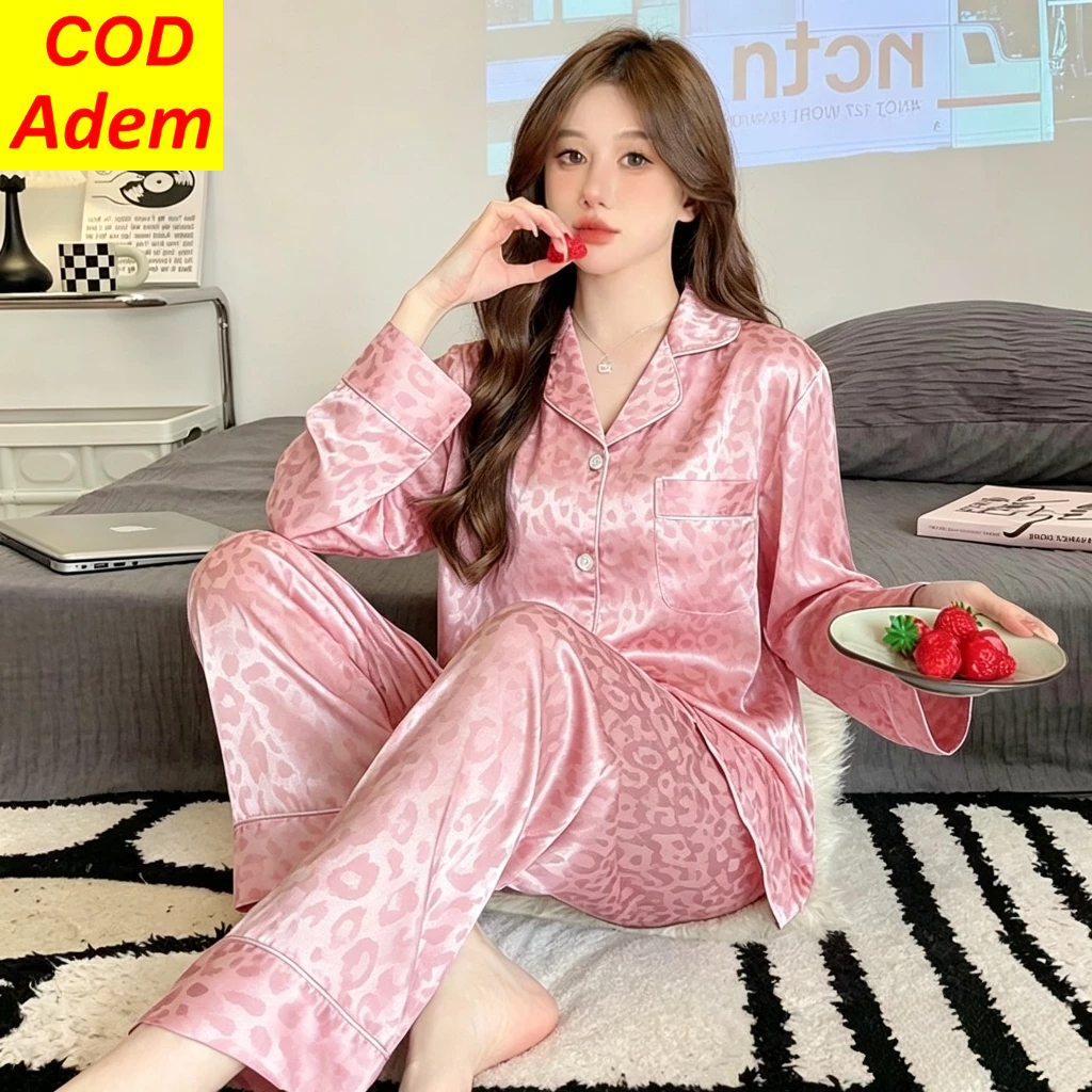 Baju Tidur Dewasa Korea Set Piyama Satin Wanita Premium Motif Macan Tutul Kekinian