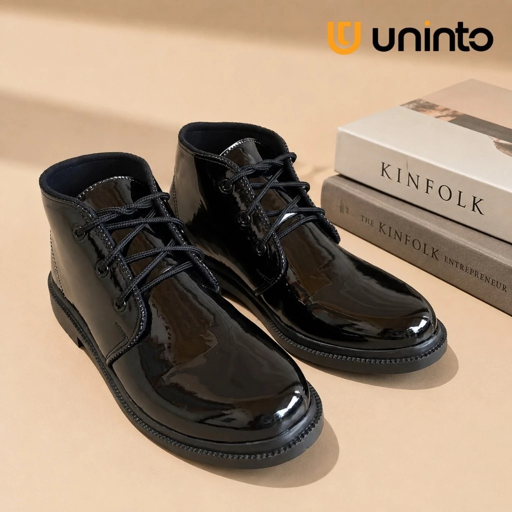 Uninto PDH Pria Hitam Glossy | Sepatu Boots PDH  Pria Bertali | Ankle Boots Formal Casual | Sepatu K