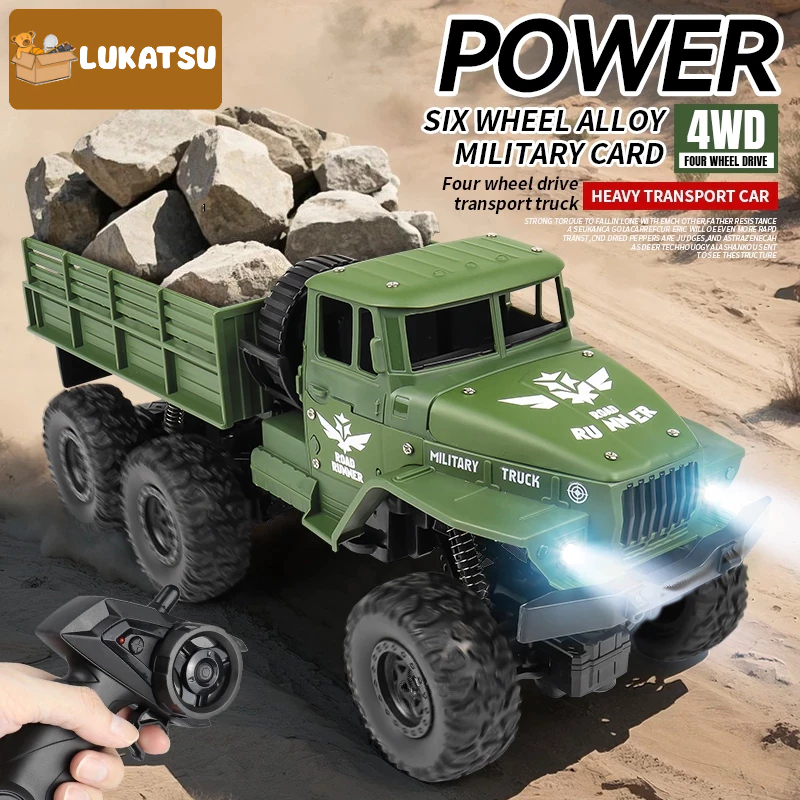 Mainan Truk Militer Remote Control dengan Lampu 2.4GHZ 4WD RC Mobil Truk Kargo Besar Bahan Alloy