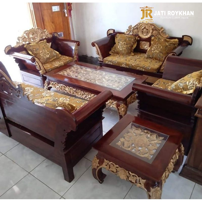 KURSI TAMU MINIMSLIS UKIR JATI MADURA + BANTALAN + Kaca