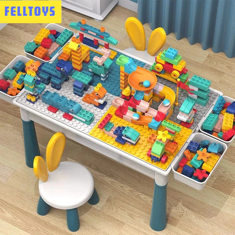 Meja Multifungsi Blok Bangunan Meja kursi dan lego 300 pcs Meja Multifungsi 1set Meja Belajar