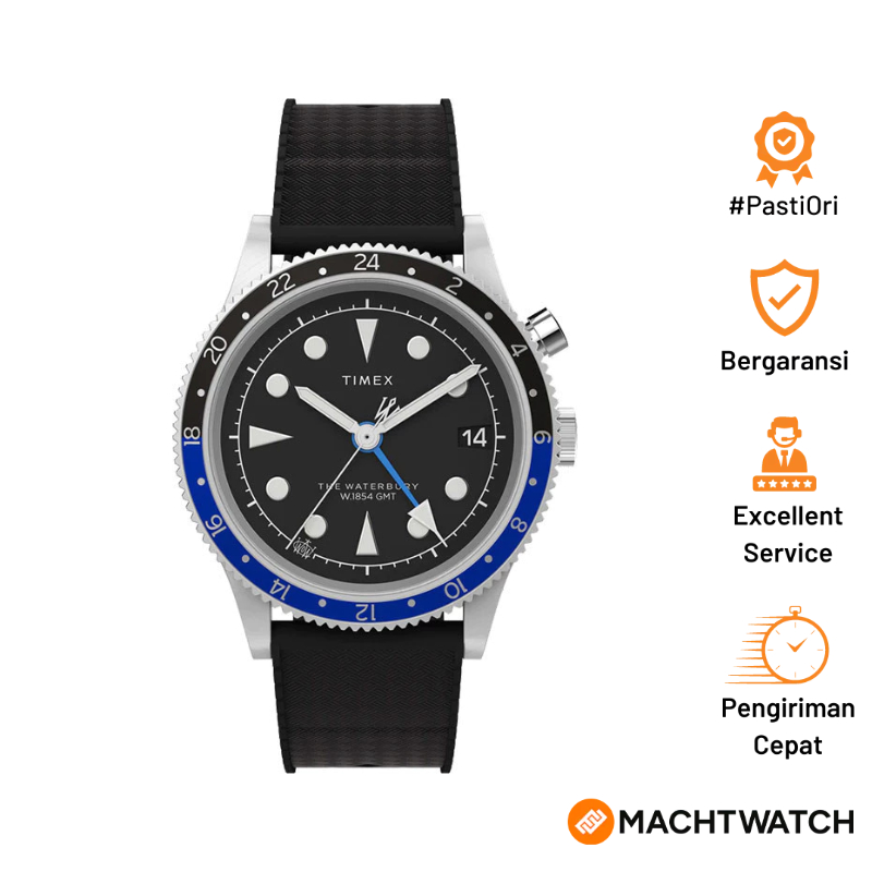 Jam Tangan Pria Timex Waterbury TW2W22600 Traditional Office GMT Black Dial Black Rubber Strap