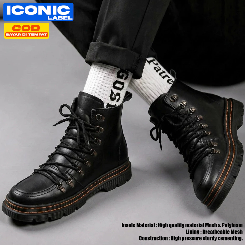ALONSO - Sepatu Pria Boots Tinggi Casual Formal Hitam Kulit Pria
