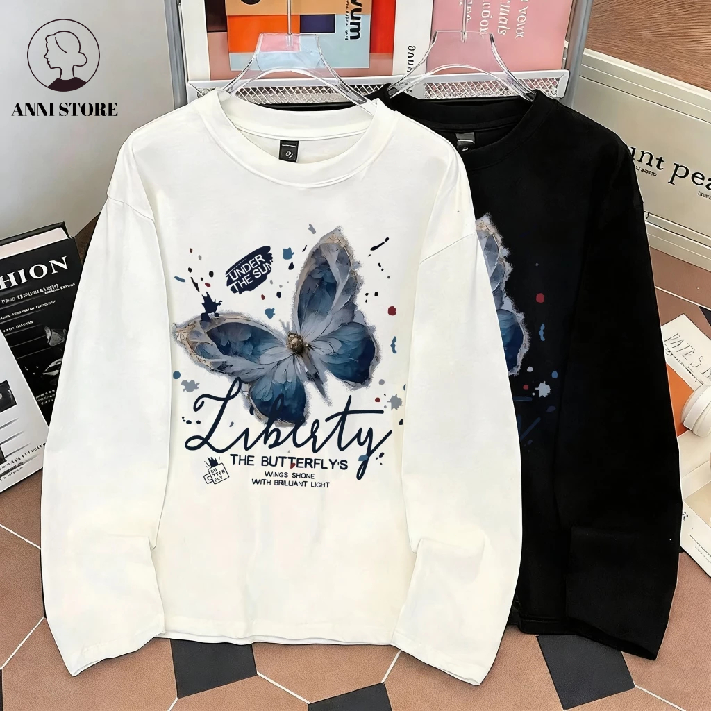 [COD] ANNI Kaos Lengan Panjang Oversize Pria Dan Wanita Putih Basic Kupu-kupu print 1.28