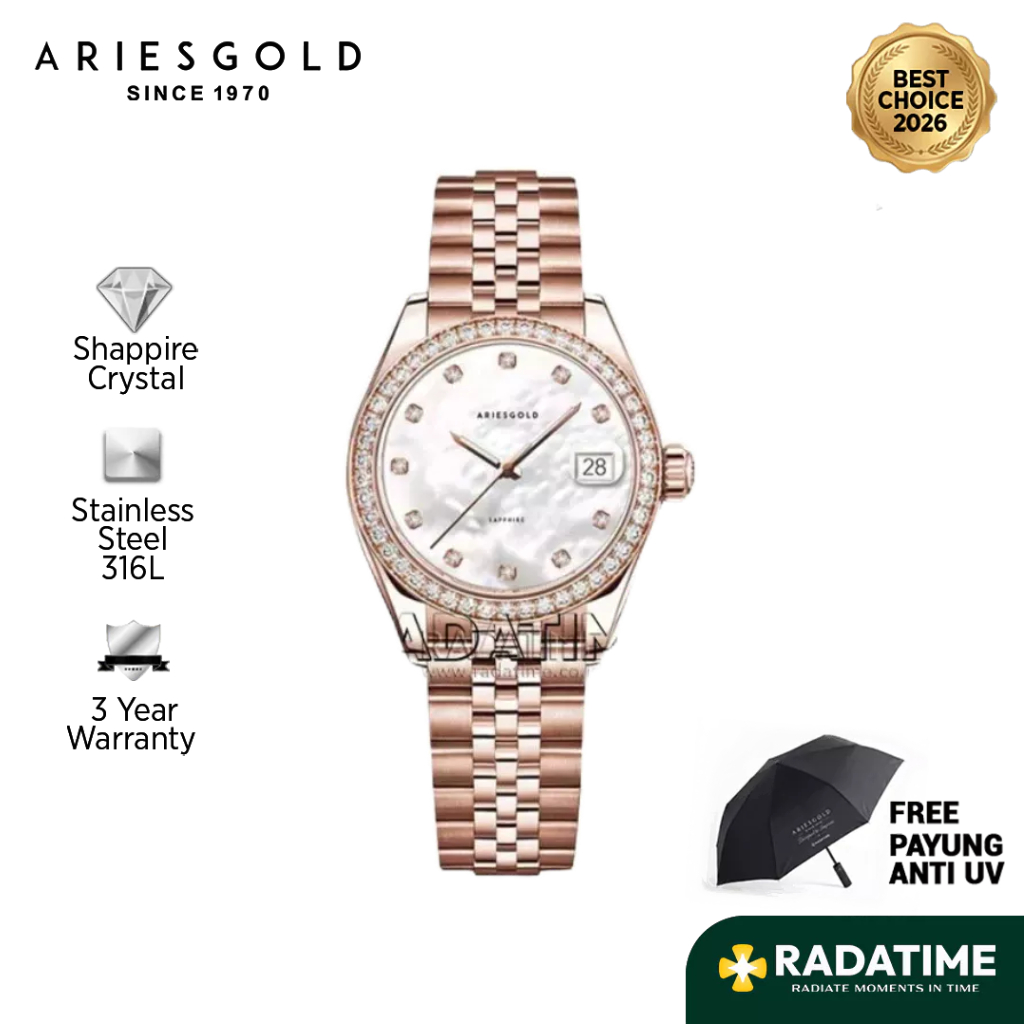 [Best Choice 2026-Sapphire Crystal] Aries Gold Wanita Heritage L-1070R-RG-MP 316L Stainless Steel 10