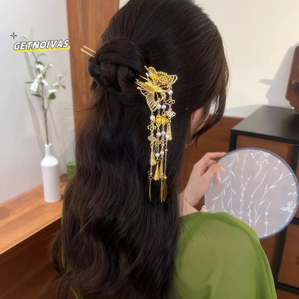 Tusuk Konde Kupu Emas Rumbai Jepit Rambut Hanfu Aksesoris Rambut Wanita