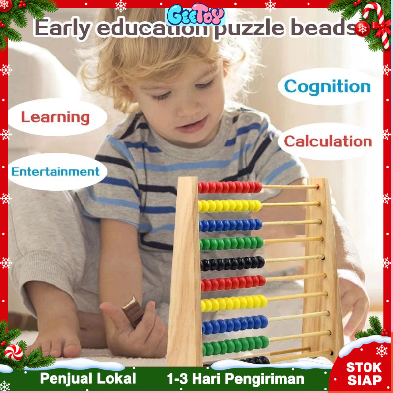 Geetoy Mainan Pendidikan Penghitung Matematika Kayu 10 Baris Manik-manik Puzzle Kayu Bingkai Hitunga