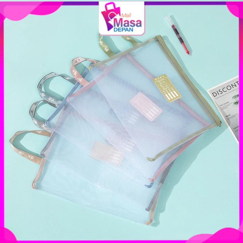 

MMD Tas Buku dan Alat Tulis Map A4 Dua Slot File Folder Tas Mesh Dokumen Transparant A4 Zipper 2 in 1 Multifungsi Totebag Buku Transparan Jaring