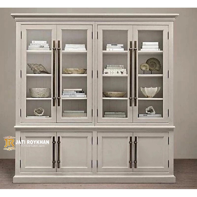 Lemari Rak Piring Kayu Jati Duco Putih Tulang (Order Costum) Kayu Jati Grade A