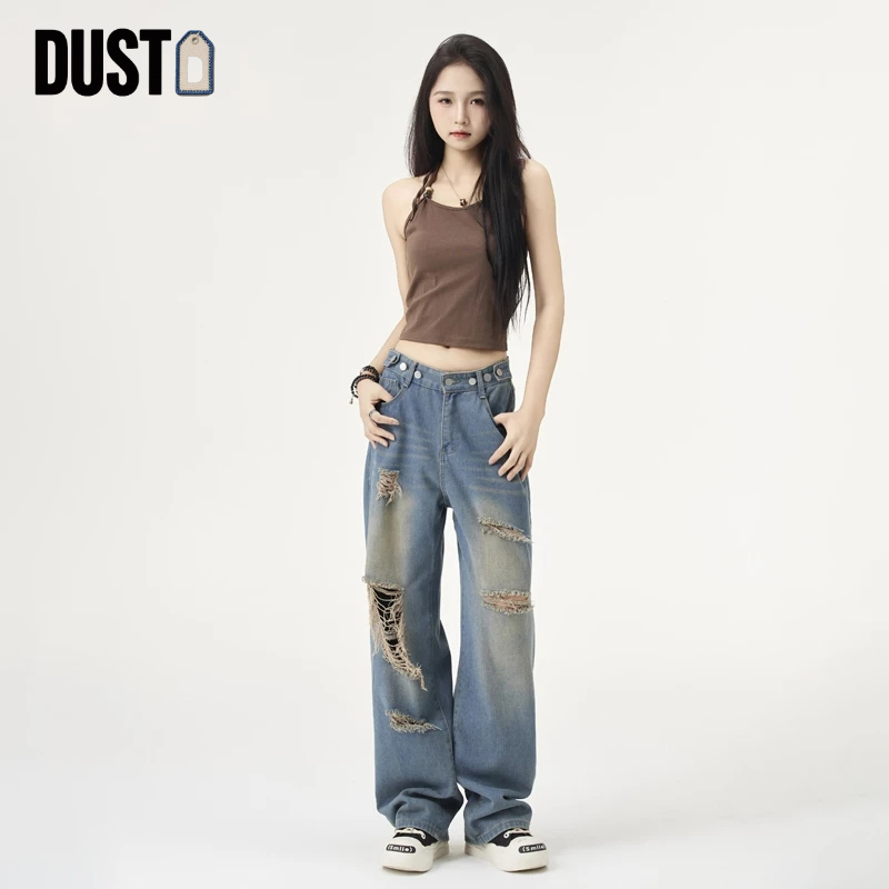 DUST-celana jeans sobek wanita kekinian highwaist kulot jeans ripped loose celana panjang jeans deni