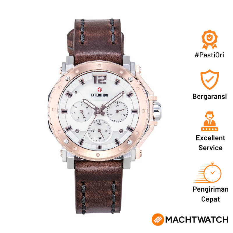 Jam Tangan Wanita Expedition E 6402 BF LTRSL Ladies Silver Dial Brown Leather Strap