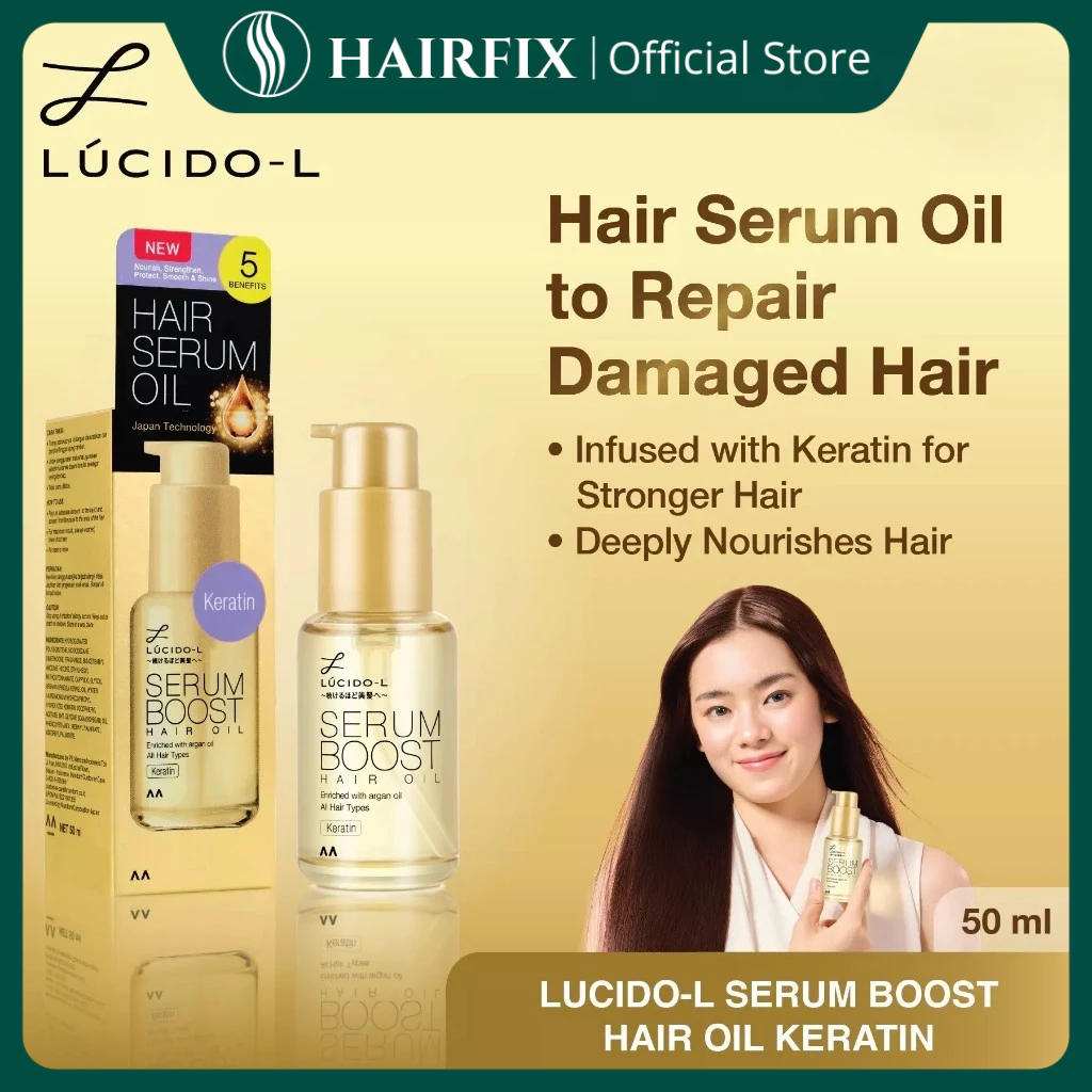 LUCIDO-L Serum Boost Hair Oil Keratin 50ml – Hair Serum Oil Keratin & Argan Oil untuk Rambut Halus, 