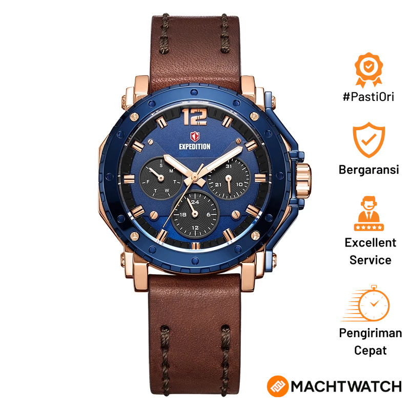 Jam Tangan Wanita Expedition E 6402 BF LURBU Ladies Blue Mother of Pearl Dial Brown Leather Strap