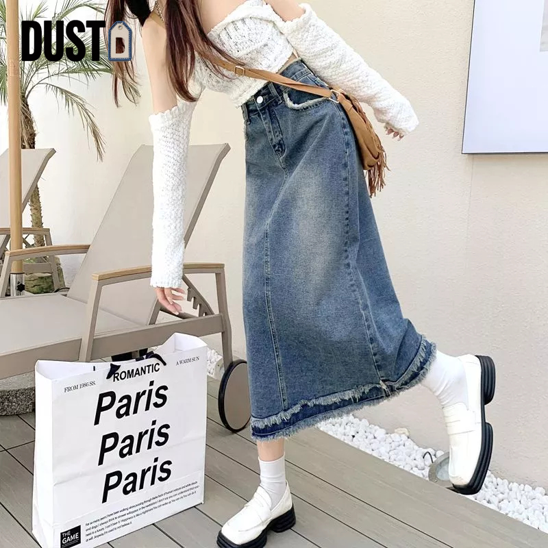 DUST Denim Rok Jeans Midi High Waist Wanita - Biru