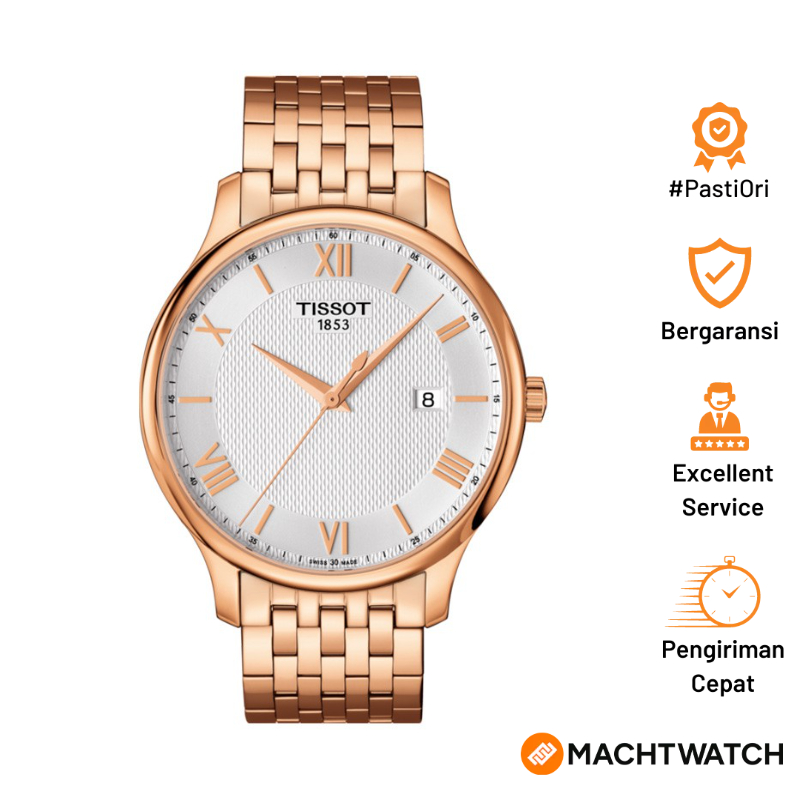 Jam Tangan Pria Tissot Tradition T063.610.33.038.00 Silver Pattern Dial Rose Gold Stainless Steel