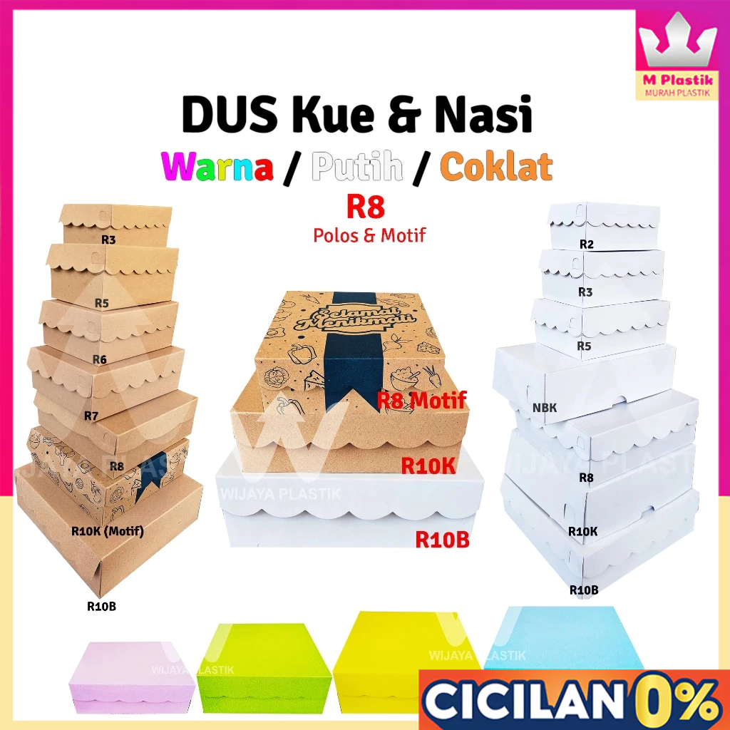 Dus Kue & Nasi ( R8 ) 18x18 Warna / Putih / Coklat 350gsm @Pcs | Duplex & Kraft Motif 4 sekat pink h
