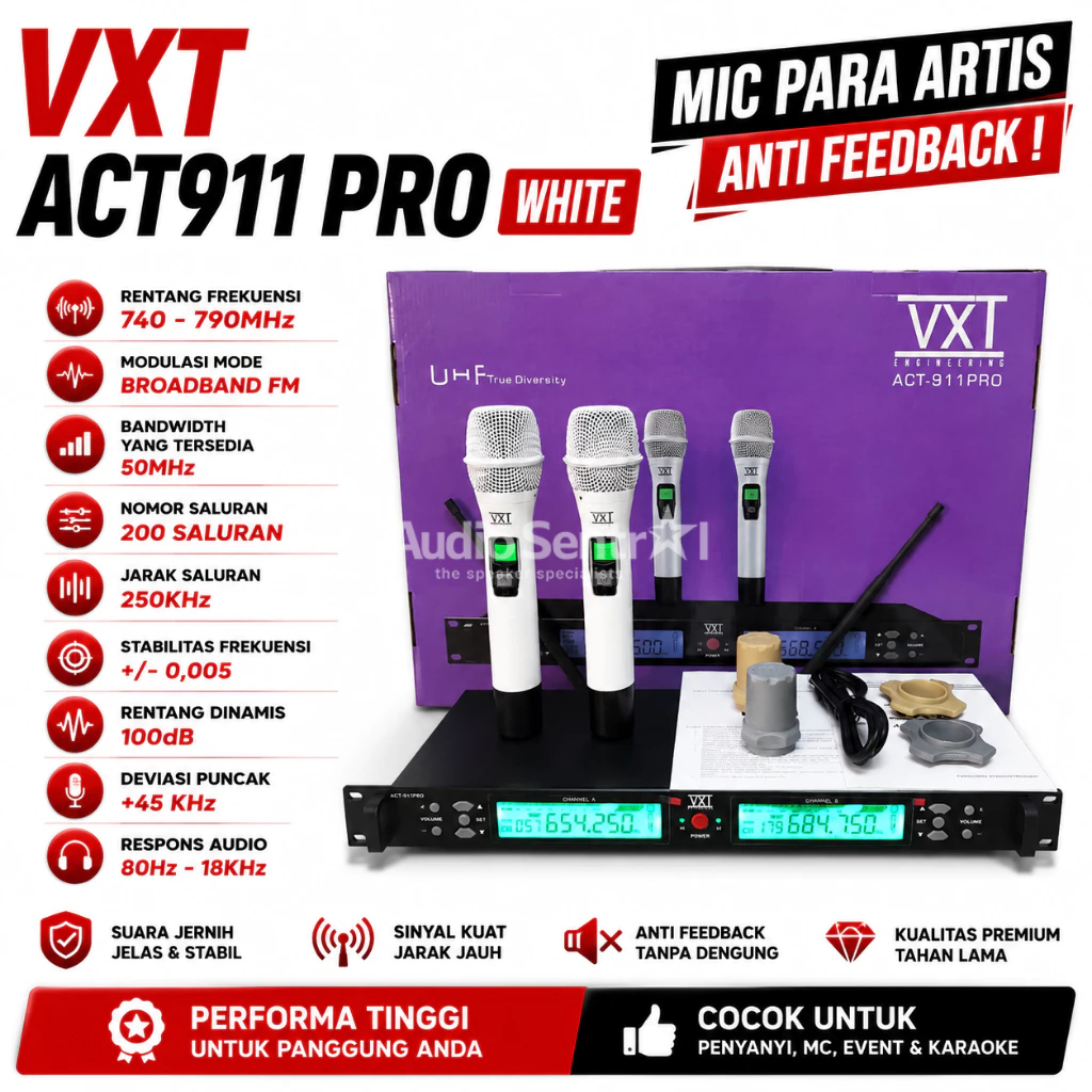 Microphone Mic Wireless VXT ACT 911 PRO Mic Anti Feedback Jarak 150 Meter 2 Handle Original