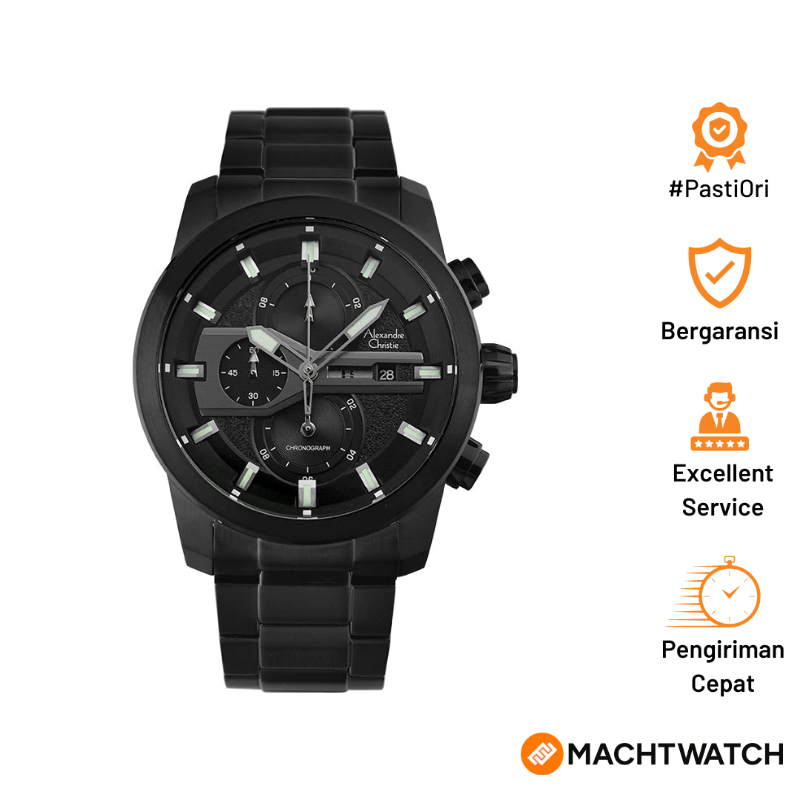 Jam Tangan Pria Alexandre Christie Chronograph AC 6562 MC BIPBASL Men Black Dial Black Stainless Ste