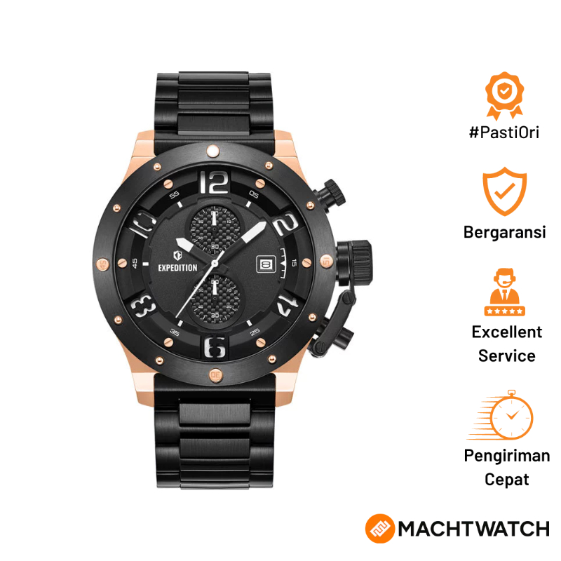 Jam Tangan Pria Expedition Chronograph E 6381 MCBBRBA-1 Men Black Dial Black Stainless Steel Strap