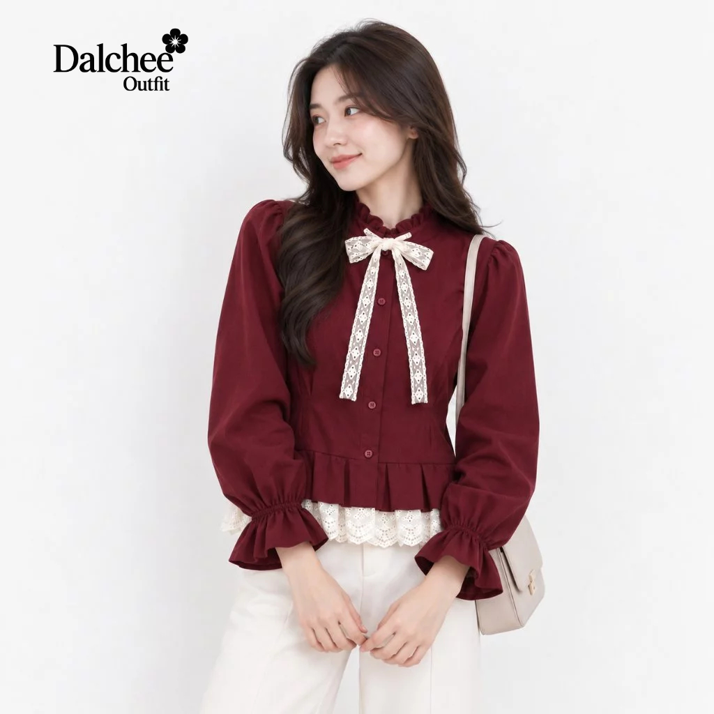 Blus Wanita Lengan Panjang Kerah Ruffle dengan Lace Bow Elegan Korean Style Linen Adem