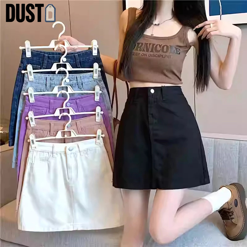 DUST-Skirt Denim Gaya Korea Elastis Pinggang Rok Pendek Tinggi Pinggang Denim Rok Wanita