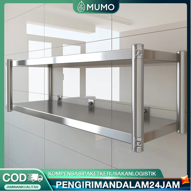Rak Dinding Dapur Serbaguna Stainless Steel Rak Oven Microwave Rak Bumbu Dapur Dinding 2Susun