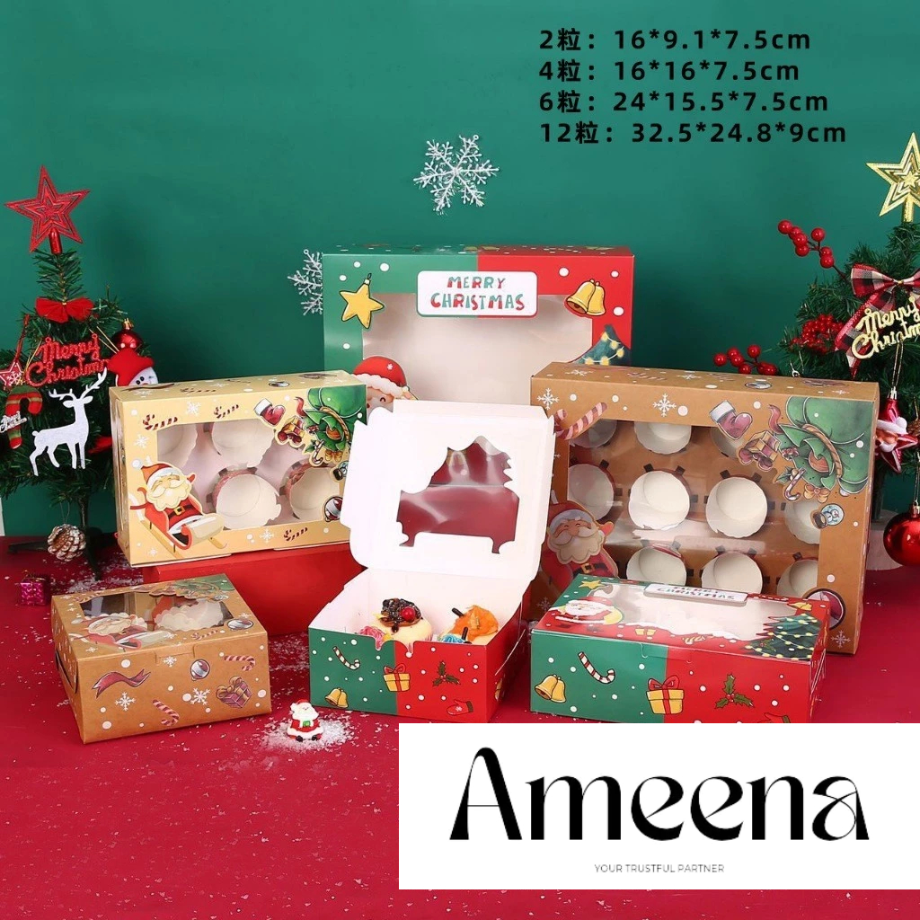 

Box Cupcake Kotak Kue Alas Sekat isi 4/6/12 motif Natal Christmas/ Box kado kue muffin eggtart cookies