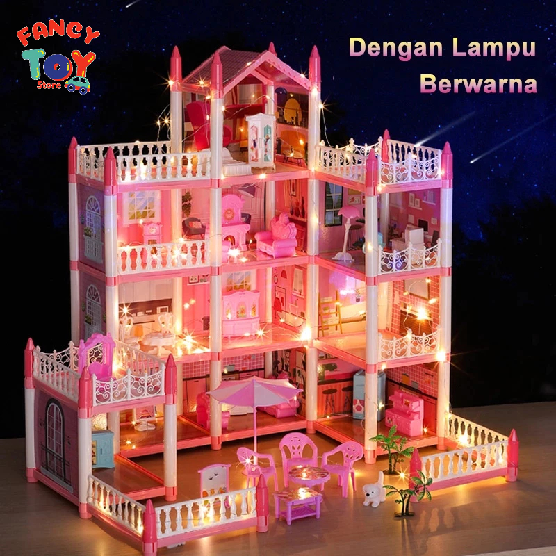 Mainan Rumah Boneka Mainan Castle Boneka Rumah Princess Villa Princess Castle + Lampu LED Set