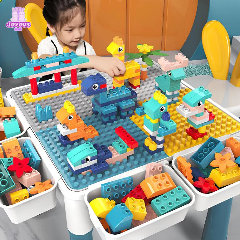 Meja Blok Bangunan Multifungsi 7in1 Meja Belajar dan Bermain Set Kursi Meja Blok Besar Meja Lego Ana