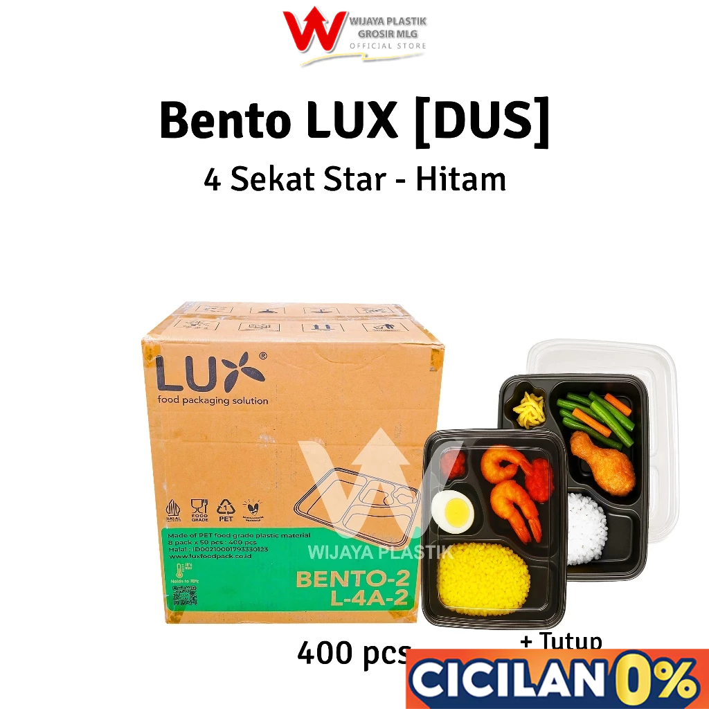[1 DUS] Mika Bento Hitam [LUX] (4 SEKAT BINTANG) --- 400 pcs @DUS | LUX 2 star + tutup tray hips pet
