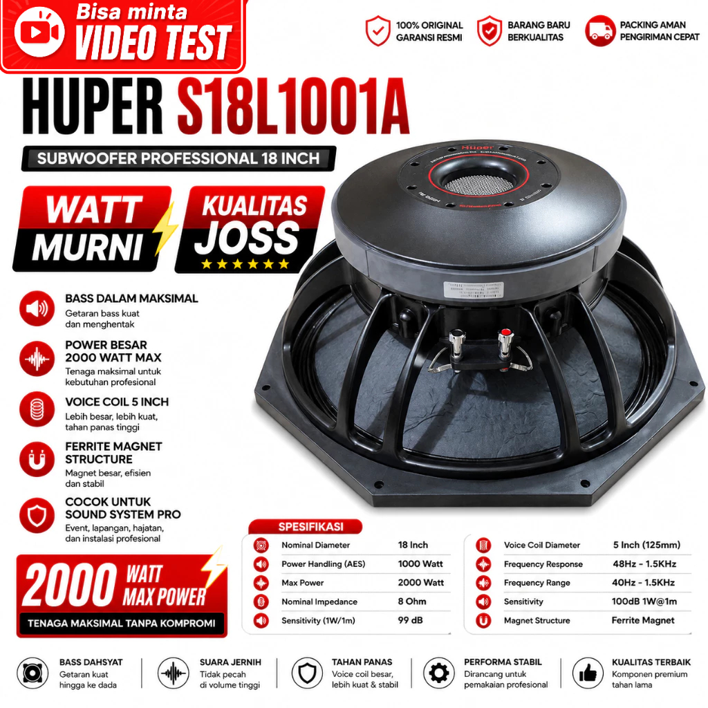 Komponen Speaker 18 Inch HUPER S18L1001A / S18 L1001 A / S1000 1000 Watt ORIGINAL