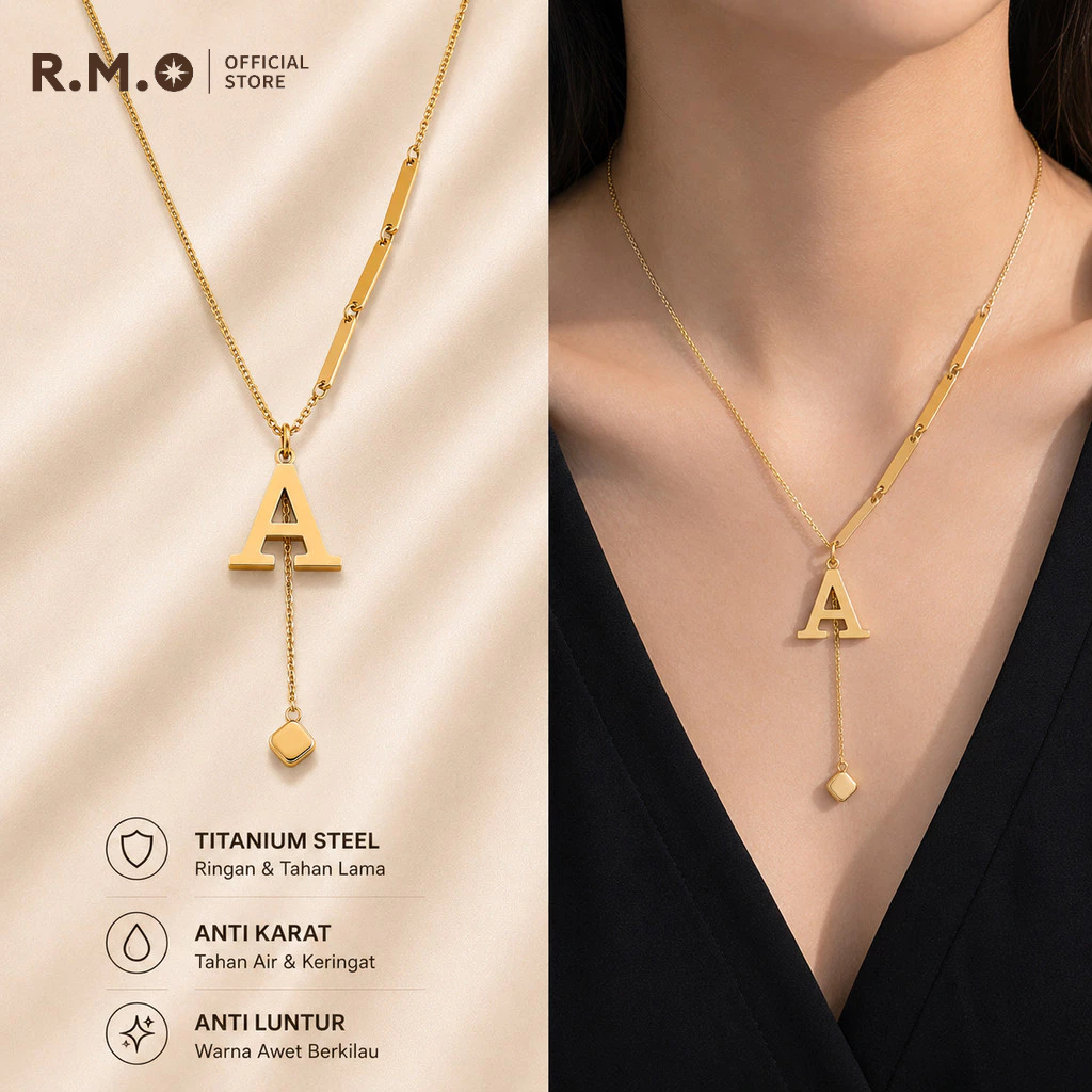 R.M.O Kalung Liontin Huruf Kapital dan Rumbai Titanium Kalung Wanita Model Huruf A Tassel Titanium A
