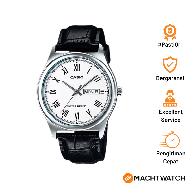 Jam Tangan Pria Analog Casio Standard MTP-V006L-7BUDF MTPV006 MTP-V006L White Dial Black Leather Ban