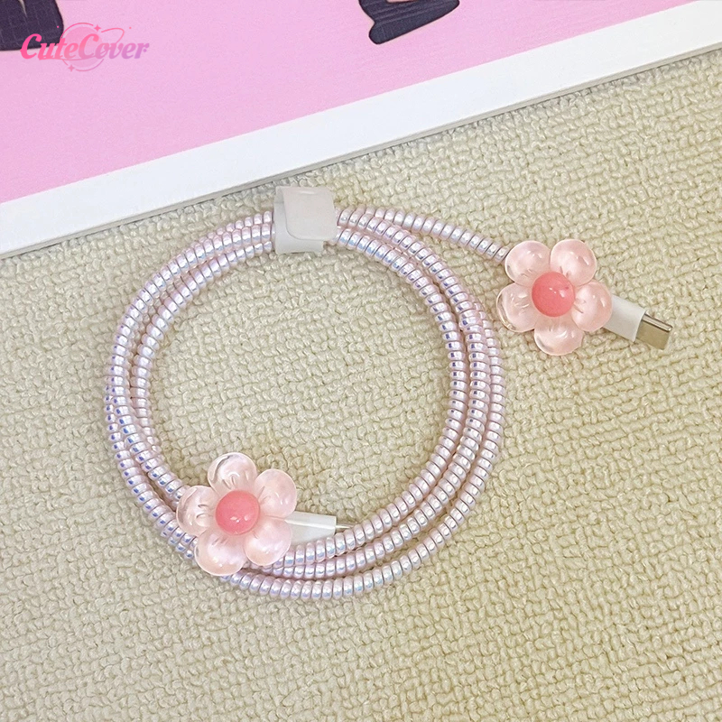 CuteCover 1 Set 4 PCS Pelindung Kabel Charger Motif Bunga Pelindung Kabel Data Kawat Kabel Data HP U