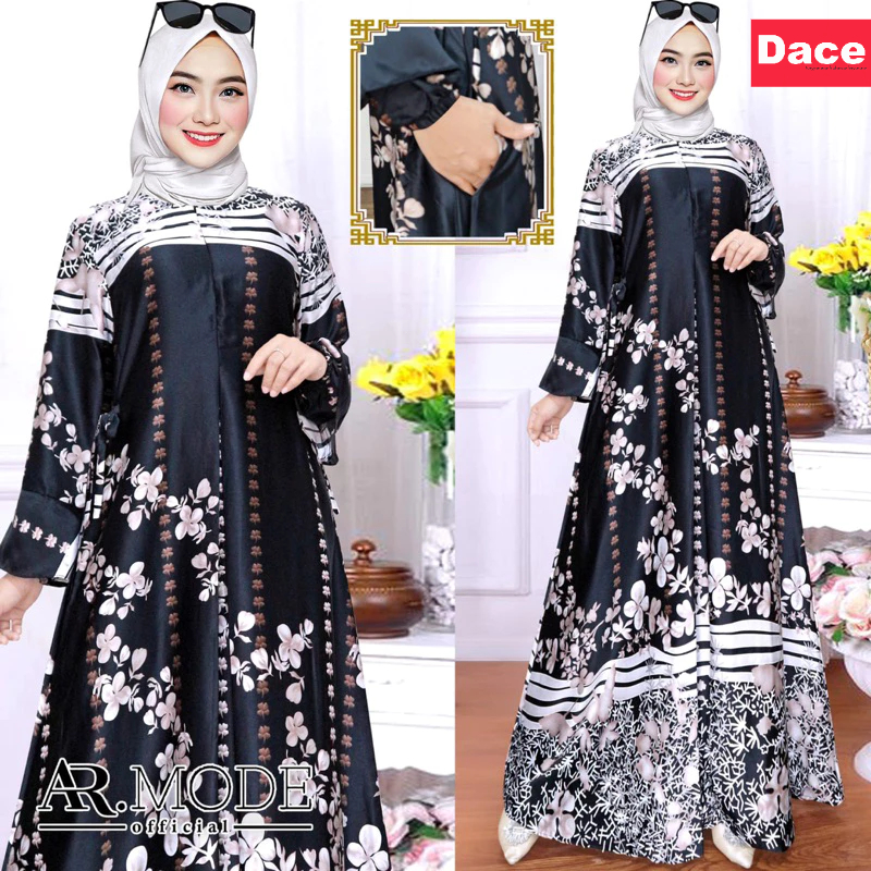 DACE Gamis Silk Motif Teratai lebaran wanita Hitam Pink Ungu Abu-abu