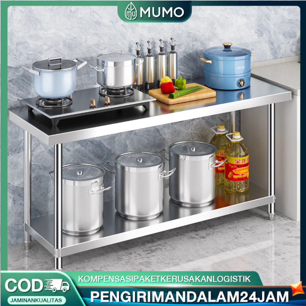 SUS 304 Meja Kerja Bertingkat Stainless Steel Kompor Gas 2 Tungku Rak Serbaguna  Meja Makan Dan Meja
