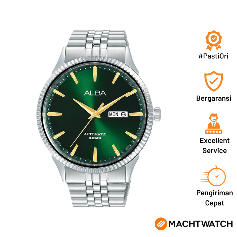 Jam Tangan Pria Alba Mechanical AL4235X1 Automatic Men Green Dial Stainless Steel Strap