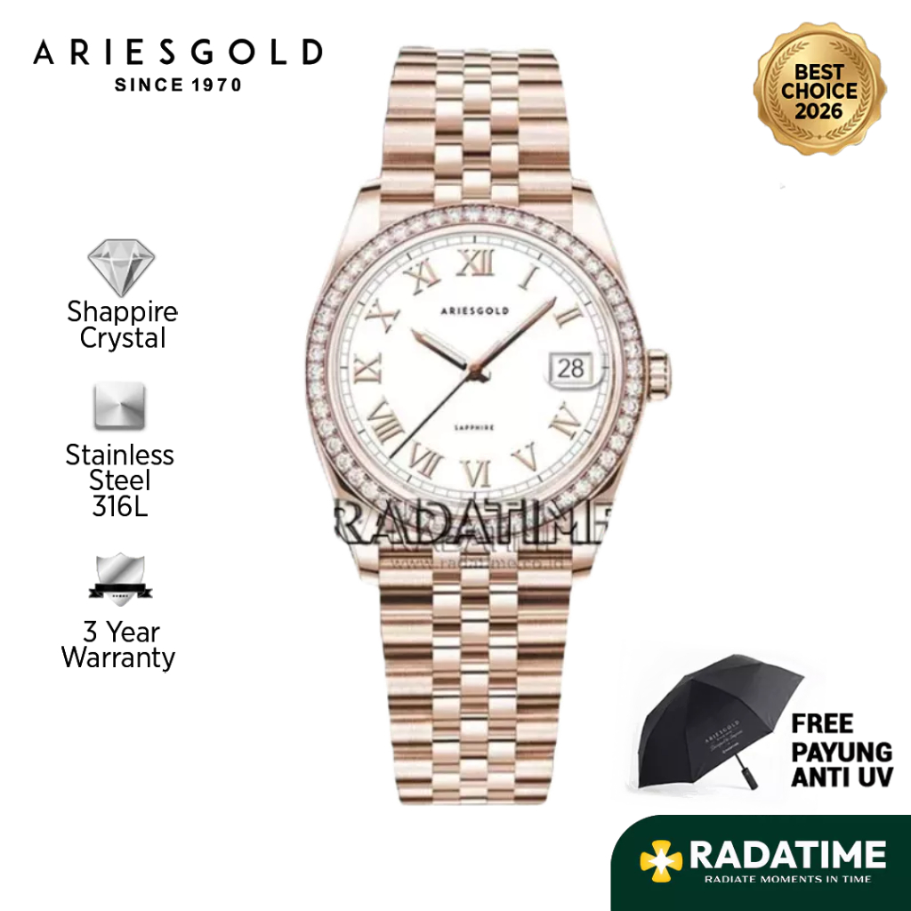 [Best Choice 2026-Sapphire Crystal] Aries Gold Wanita Heritage B-1069-RG-RW 316L Stainless Steel 100