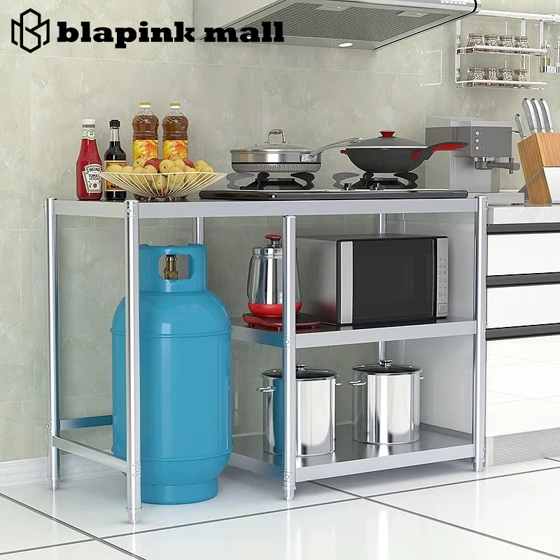 Meja kompor 2 tungku Meja Kompor Stainless Steel Rak Oven Microwave Rak dapur Minimalis Serbaguna
