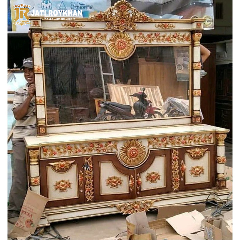 Bufet minimalis ukir jati Nusantara + Pigura cermin meja konsule samping jepara