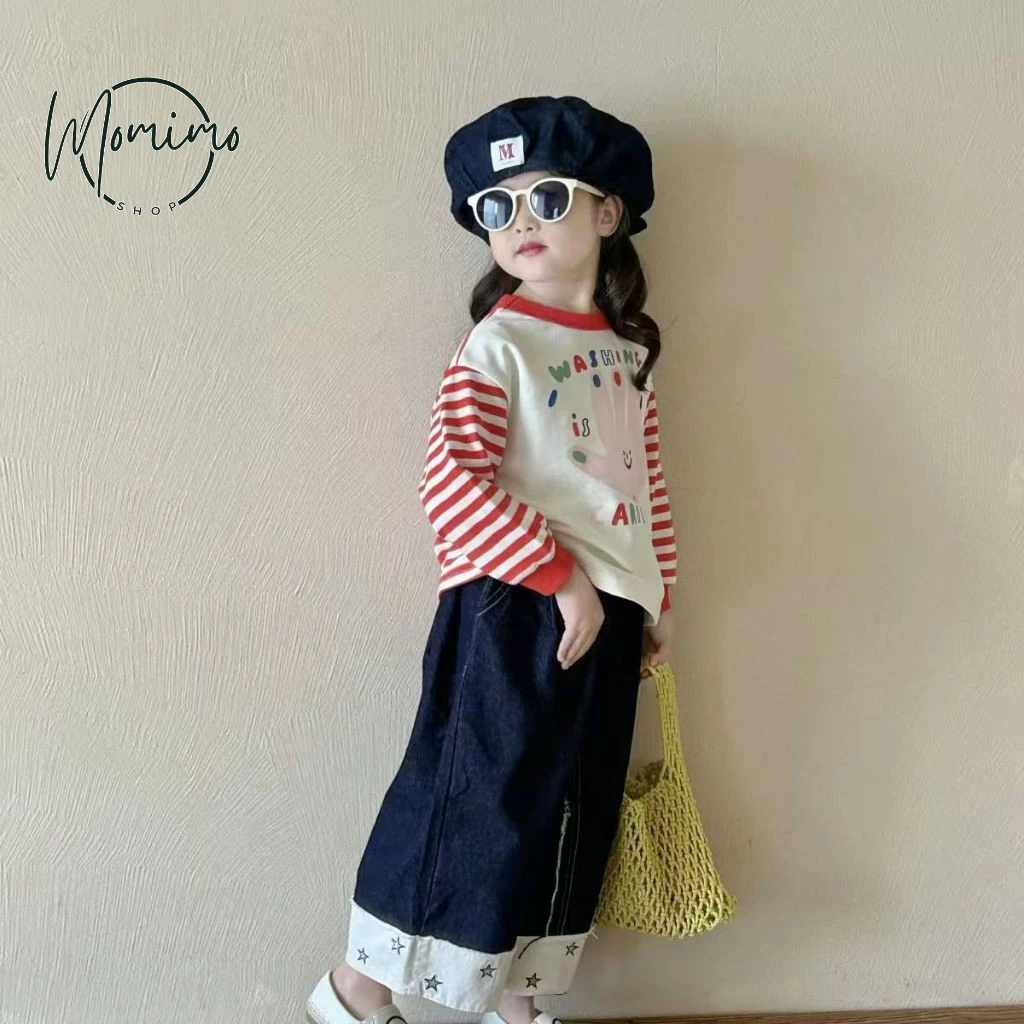 Setelan Anak Perempuan Atasan Lengan Panjang Putih Merah Strip+Celana Jeans Kulot Set Anak Perempuan