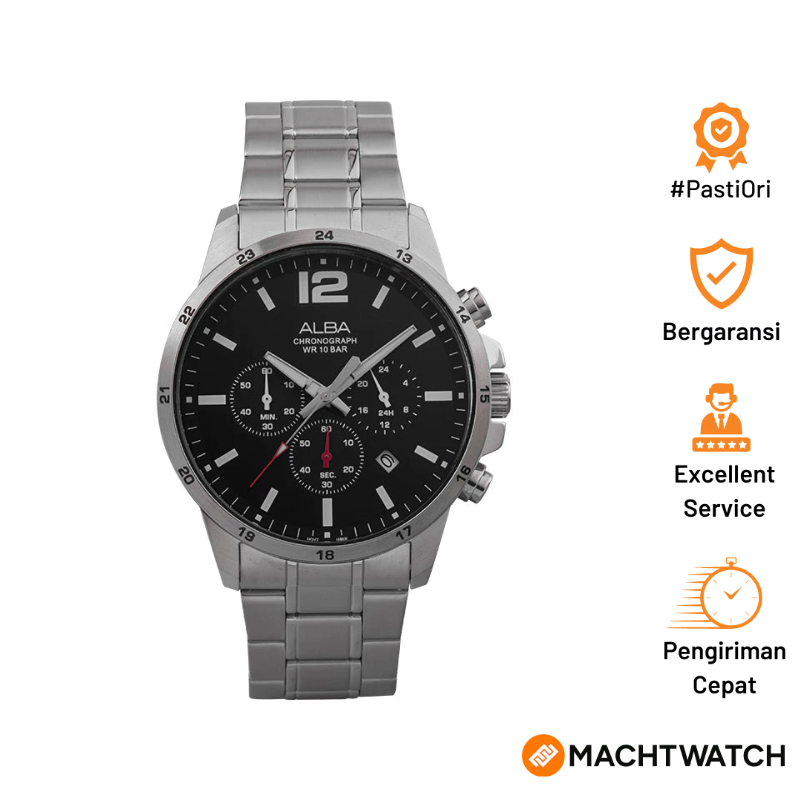 Jam Tangan Pria Alba AT3E81X1 Chronograph Men Black Dial Stainless Steel Strap