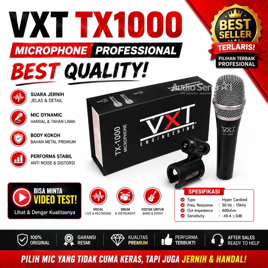 VXT TX1000 / TX-1000 Professional Dynamic Microphone / Mic VXT /Mic Kabel VXT Original