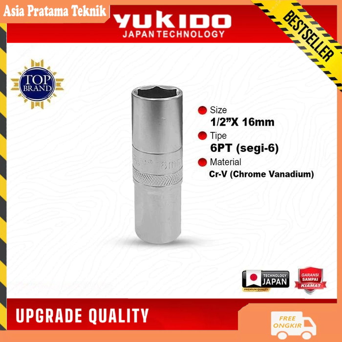 YUKIDO Mata Sock Panjang 16mm - Kunci Deep Wall Impact Socket 1/2 Inch 6PT Chrome Vanadium Original