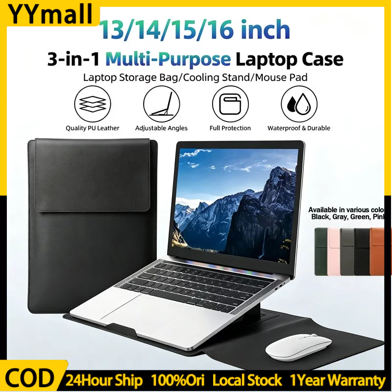 3 In1 Laptop Sleeve / Premium Kulit Leather Laptop Case With Adjustable Laptop Stand Mouse Pad 13/14