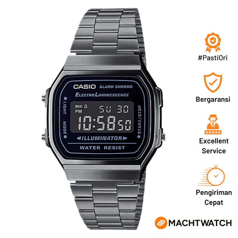 Jam Tangan Unisex Casio Vintage A168WGG-1BDF Digital Dial Grey Stainless Steel Band